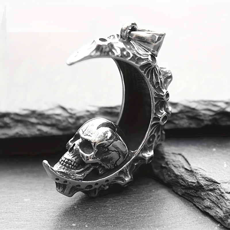 1pc Men's Dark Moon Tooth Skull Necklace, Men's Trendy Punk Titanium Steel Motorcycle Hip Hop Pendant Men's Sweater Chain