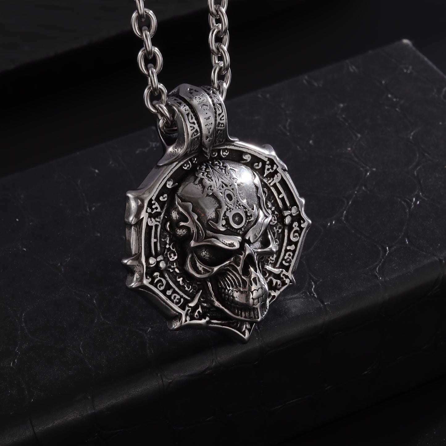 Men's Stainless Steel Gothic Skull Pendant Necklace - Hip Hop Punk Style with Intricate Design, Durable Titanium Steel Chain for Party Wear
