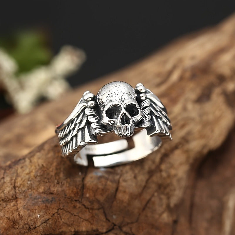 925 Sterling Silver Men's Gothic Skull Ring, Adjustable Open Band, Hip-Hop Punk Style, Unique Devil Angel Design