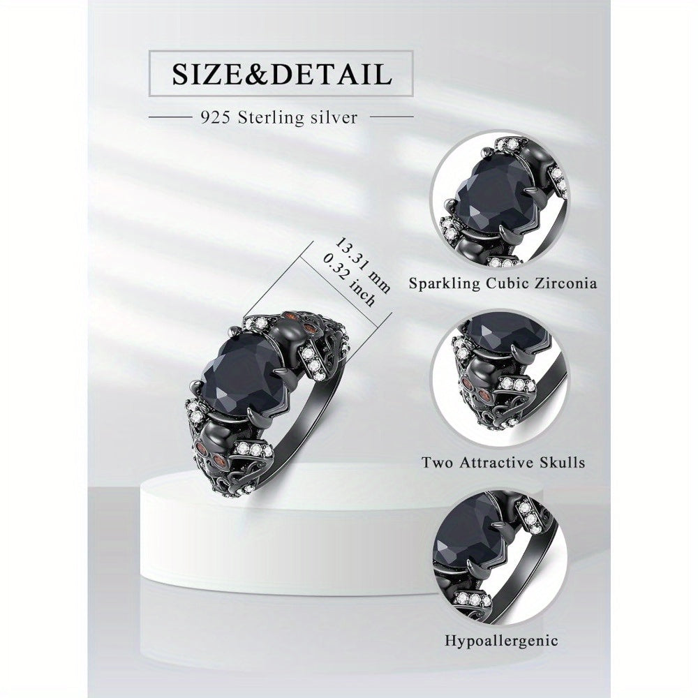 1pc Gothic Punk Skull Ring with Synthetic Zirconia, 925 Sterling Silver Adjustable Band, Halloween Bat and Spider Design Jewelry for Women and Men, All-Season Party Accessory