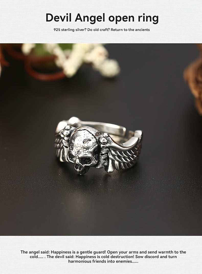 925 Sterling Silver Men's Gothic Skull Ring, Adjustable Open Band, Hip-Hop Punk Style, Unique Devil Angel Design