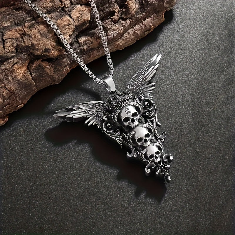 Retro Gothic Style Skull Wings Pendant Necklace, Stylish Dark Style Halloween Decorations, Men'S Motorcycle Accessories Party Jewelry Gifts