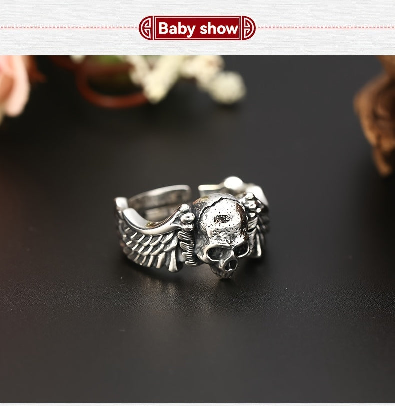 925 Sterling Silver Men's Gothic Skull Ring, Adjustable Open Band, Hip-Hop Punk Style, Unique Devil Angel Design