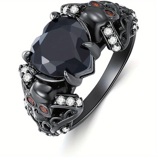 1pc Gothic Punk Skull Ring with Synthetic Zirconia, 925 Sterling Silver Adjustable Band, Halloween Bat and Spider Design Jewelry for Women and Men, All-Season Party Accessory