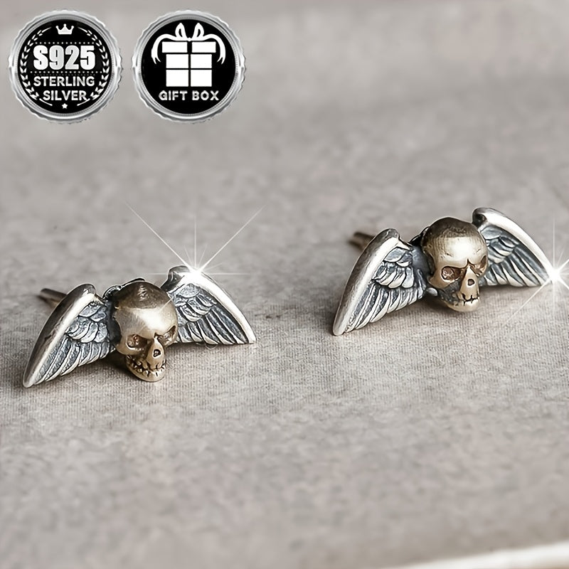 2pc925 Pure Silvery, Silvery Weight About 1g, Skull Wings Earrings, Retro Gothic Punk Style Halloween Party Earrings, Exquisite Holiday Gift