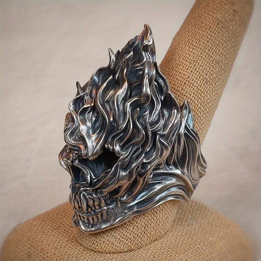 Gothic Flame Skull Ring, Flame Biker Punk Gothic Demon Charm Ring for Men