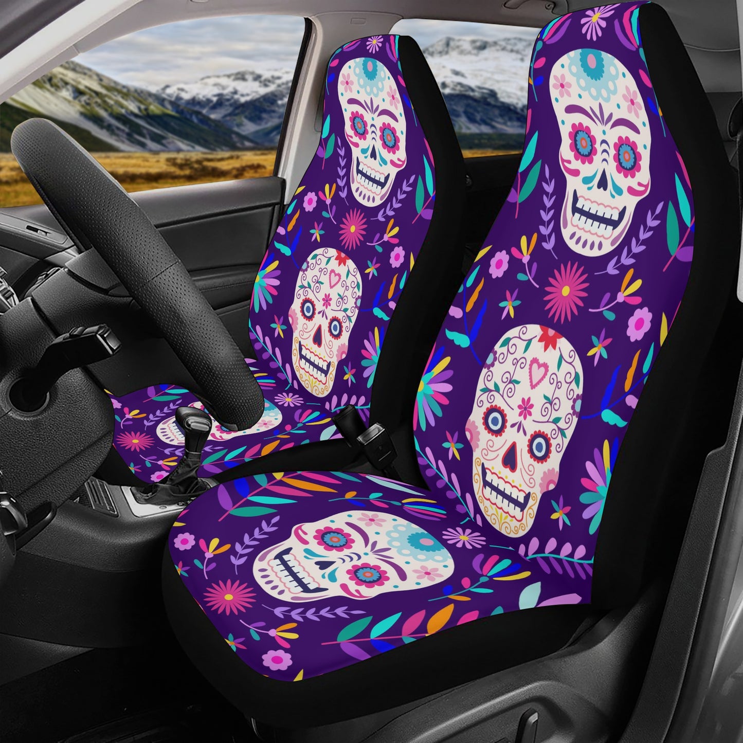 Candy skull car protector, dia de los muertos skull front and back car seat covers, sugar skull car seat tool, sugar skull car protector, me