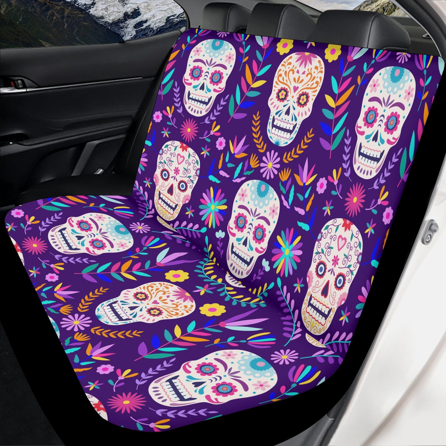 Candy skull car protector, dia de los muertos skull front and back car seat covers, sugar skull car seat tool, sugar skull car protector, me