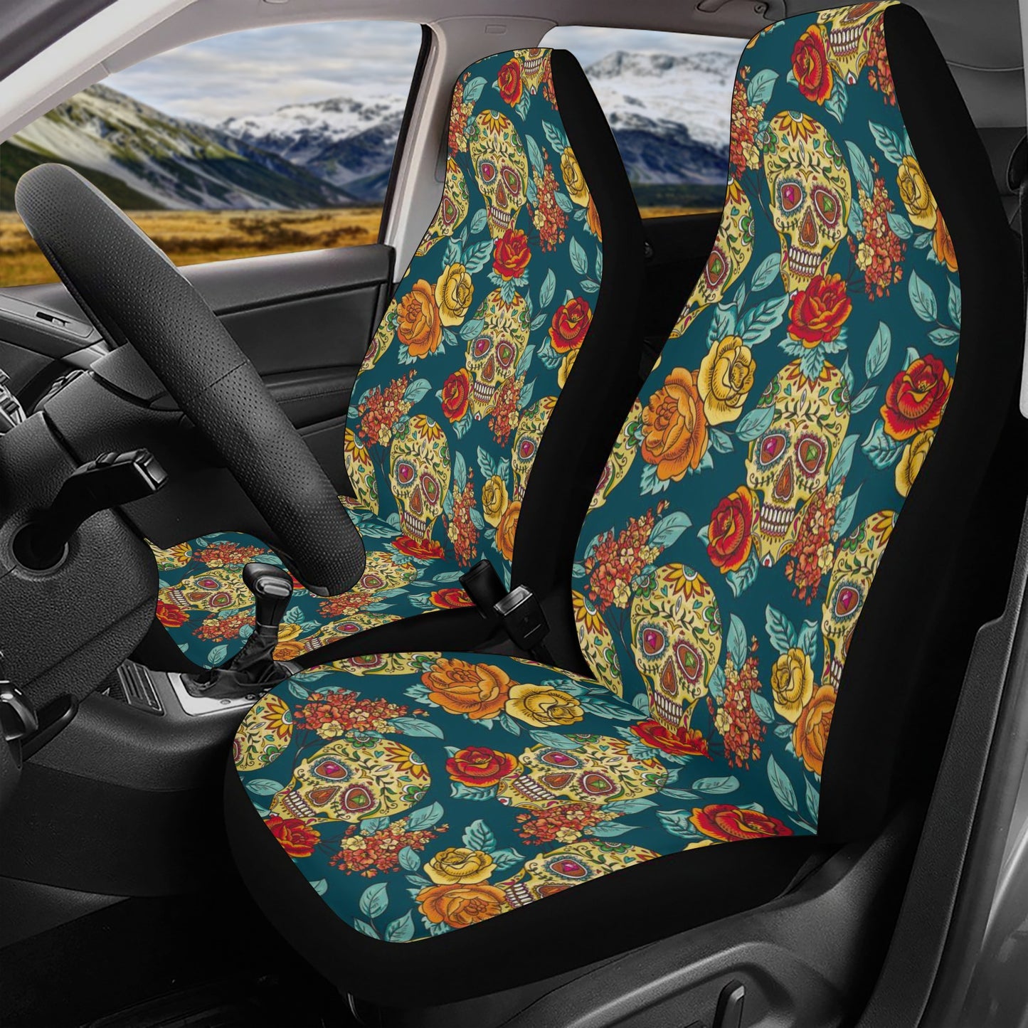 Car Seat Cover SetFloral skull car protector, mexico car tool, sugar skull seat cover for car, dia de los muertos skull car rug, floral sugar skull car mat fl