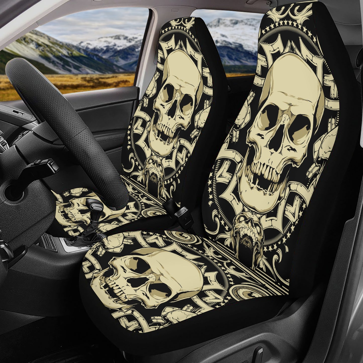 Grim reaper car seat , rose skull truck seat cover, skull in fire car floor mat, christmas skull front and back car seat covers, horror seat