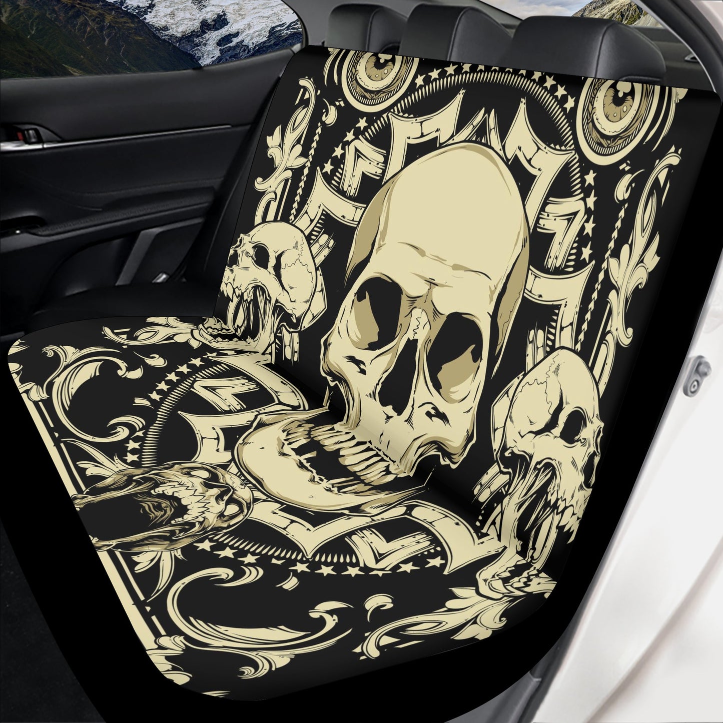 Grim reaper car seat , rose skull truck seat cover, skull in fire car floor mat, christmas skull front and back car seat covers, horror seat