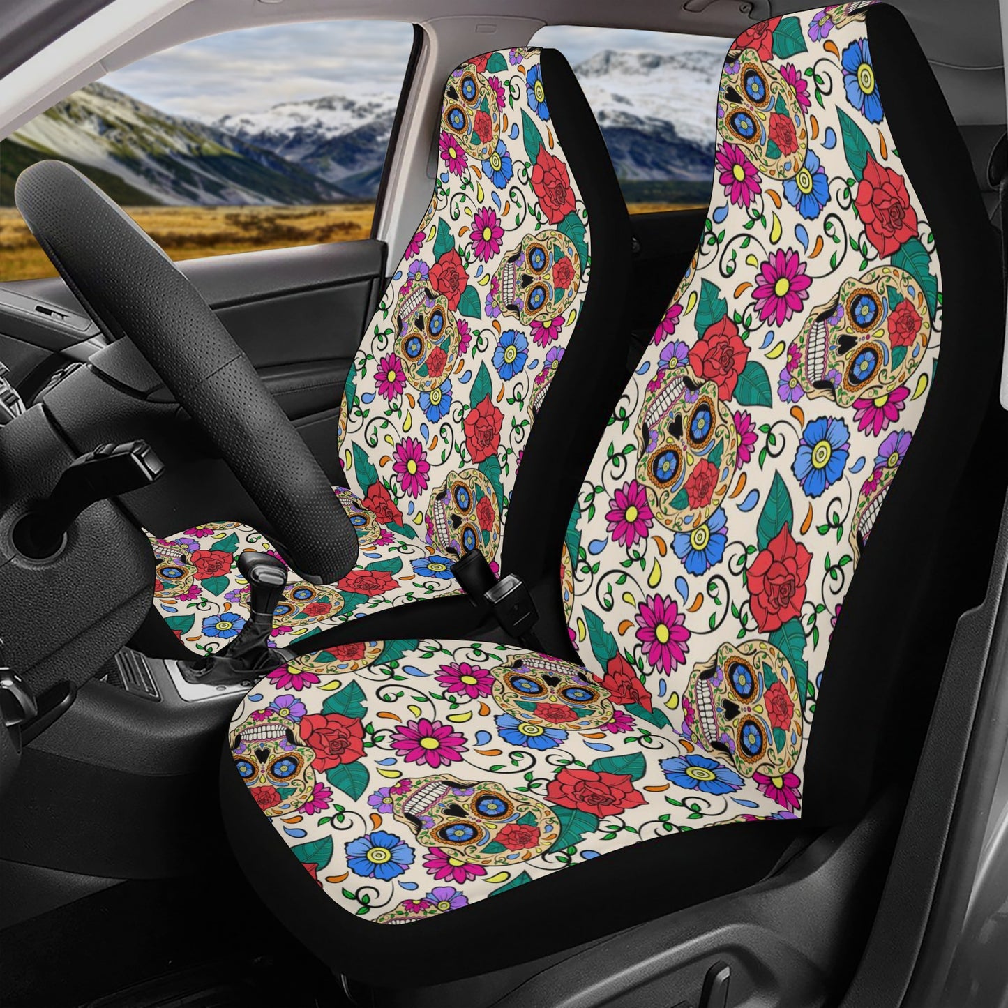 Mexico rug for car, floral sugar skull car floor mat, dia de los muertos skull seat cover for truck, floral skull car seat protector, sugar