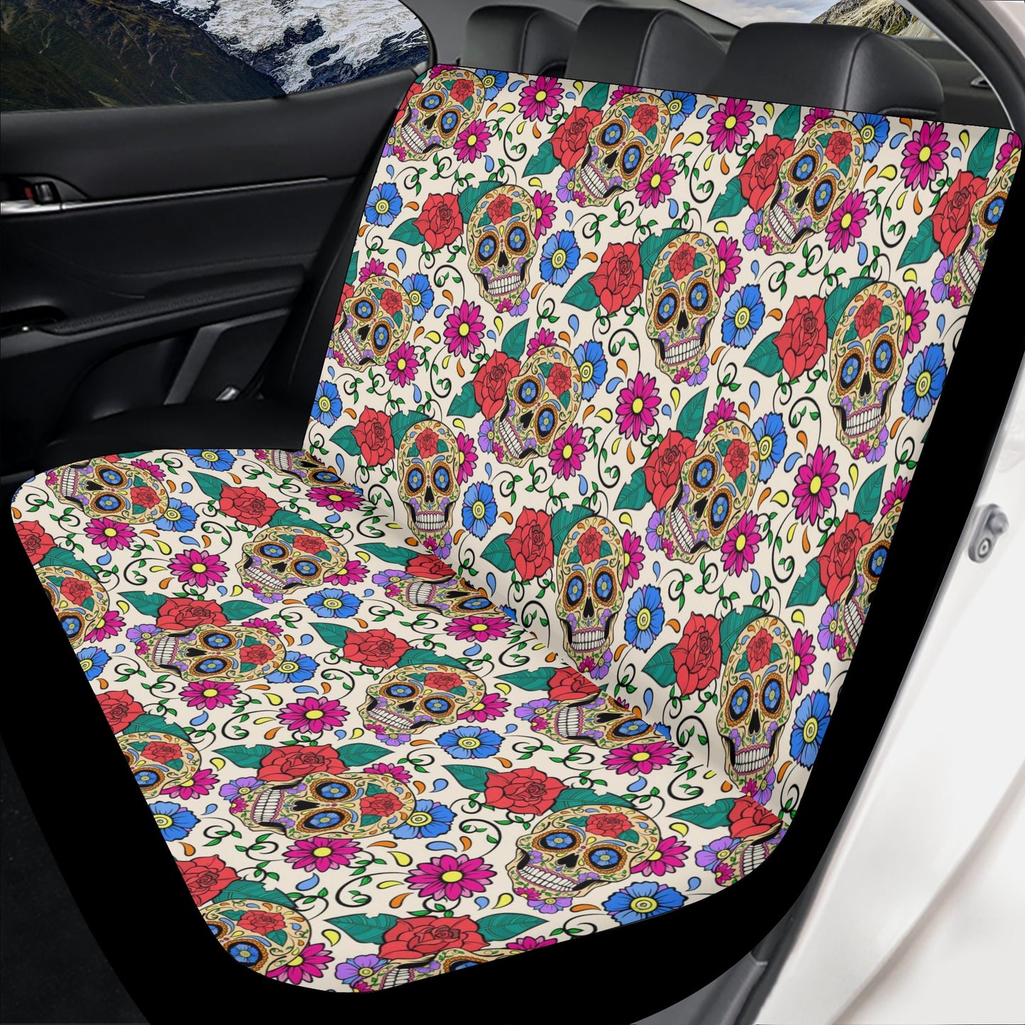 Mexico rug for car, floral sugar skull car floor mat, dia de los muertos skull seat cover for truck, floral skull car seat protector, sugar