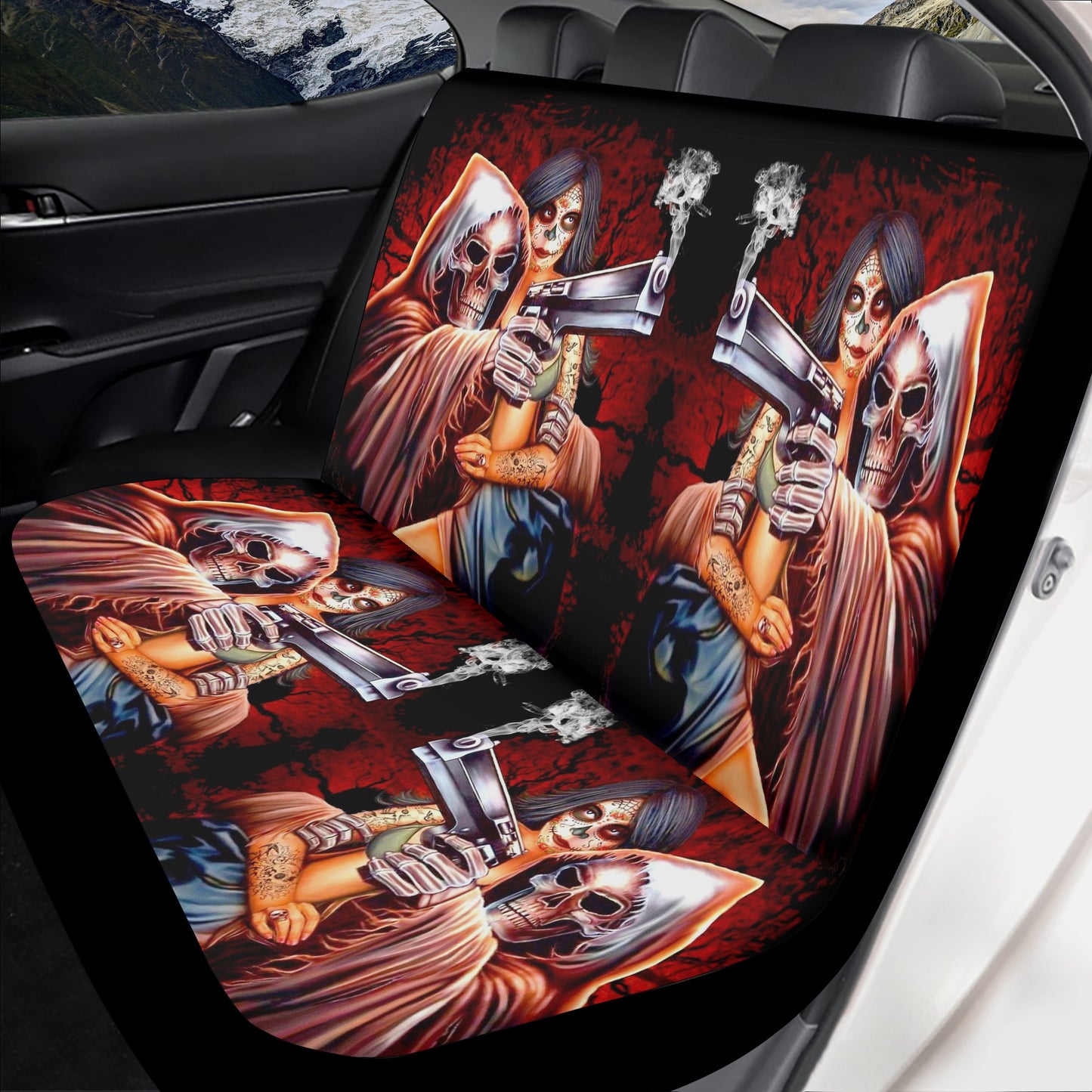 Car Seat Cover SetHalloween mat for vehicles, flame skull front and back car seat covers, christmas skull seat cover for car, grim reaper car protector, motorcycle skull car accessories, halloween seat cover protector, skeleton rug for car, christmas skul