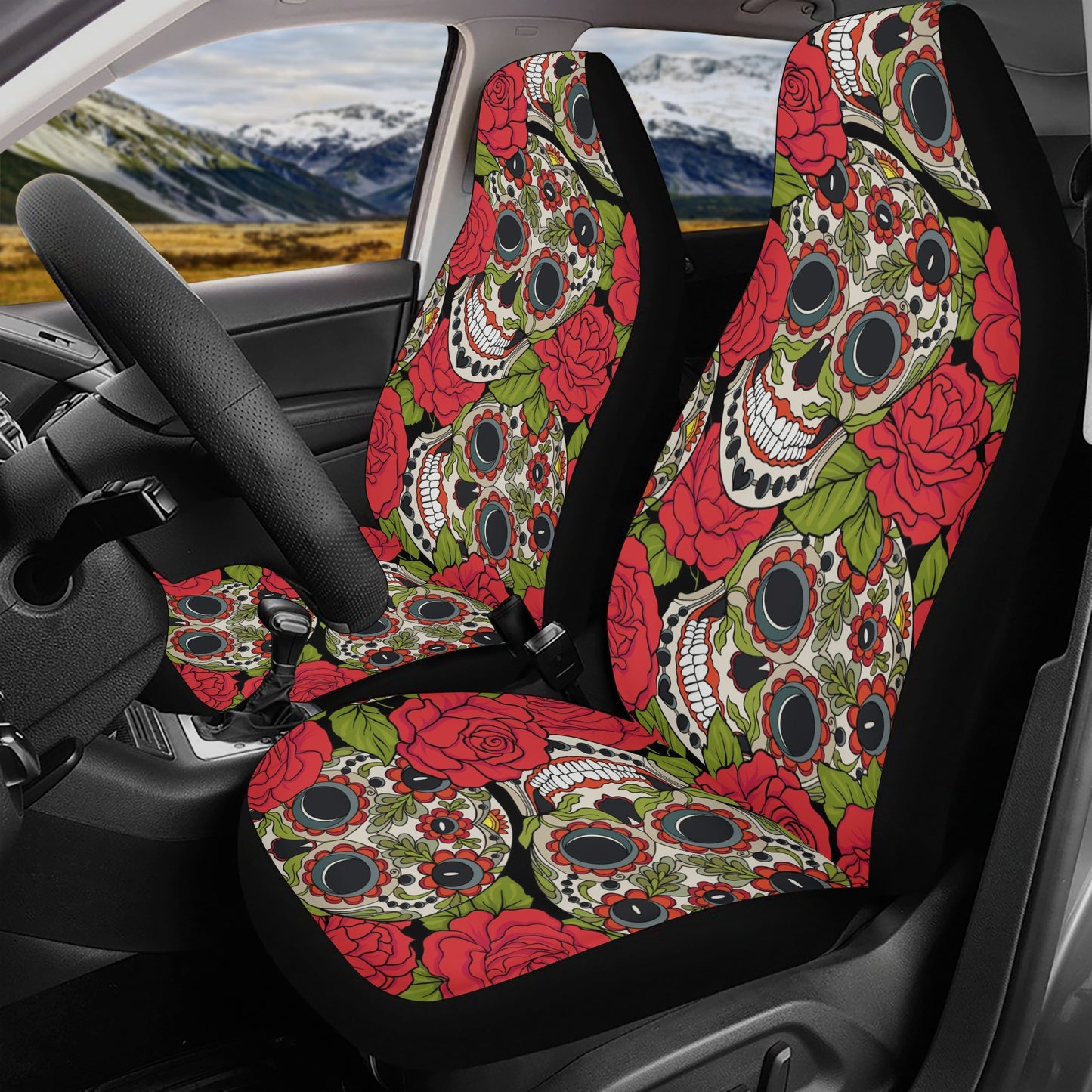 Sugar skull girl car rug, sugar skull girl car seat cover full set, cinco de mayo skull car accessories, candy skull car mat flooring, floral sugar skull mat for vehicles, candy skull slip-on seat covers, cinco de mayo skull car tool, sugar skull gir