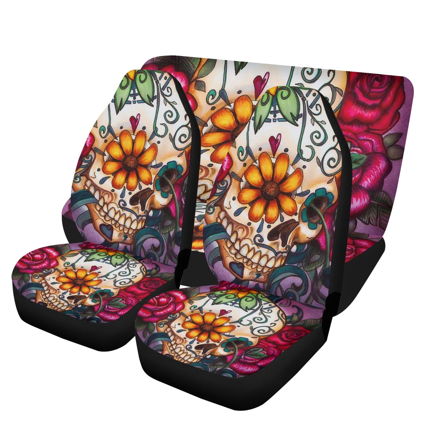 Rose skull mat for vehicles, motorcycle skull car rug, flaming skull car seat protector, biker skull front and back car seat covers, gothic skull car seat protector, rose skull car seat cover, horror car accessories, evil washable car seat covers, fl