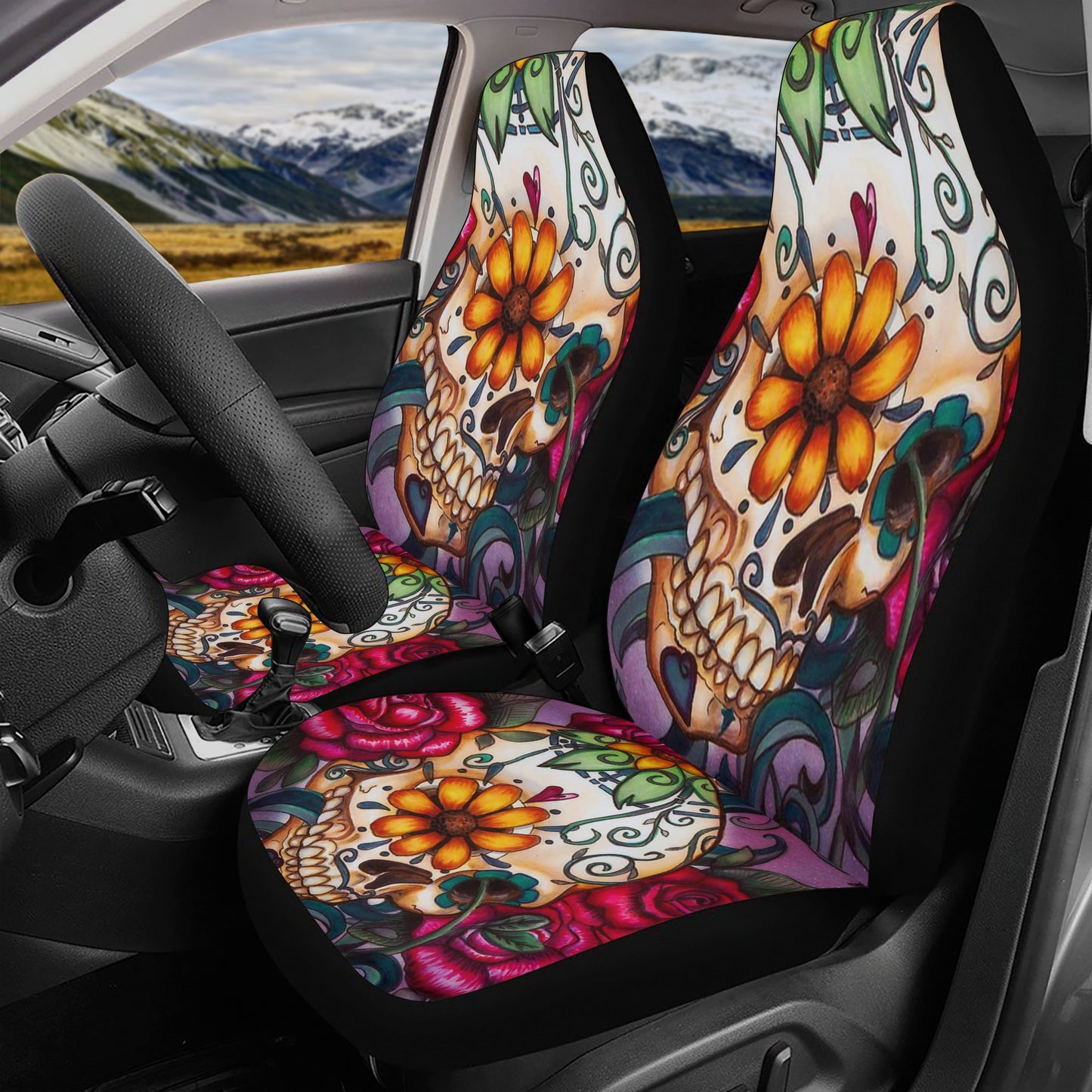 Rose skull mat for vehicles, motorcycle skull car rug, flaming skull car seat protector, biker skull front and back car seat covers, gothic skull car seat protector, rose skull car seat cover, horror car accessories, evil washable car seat covers, fl