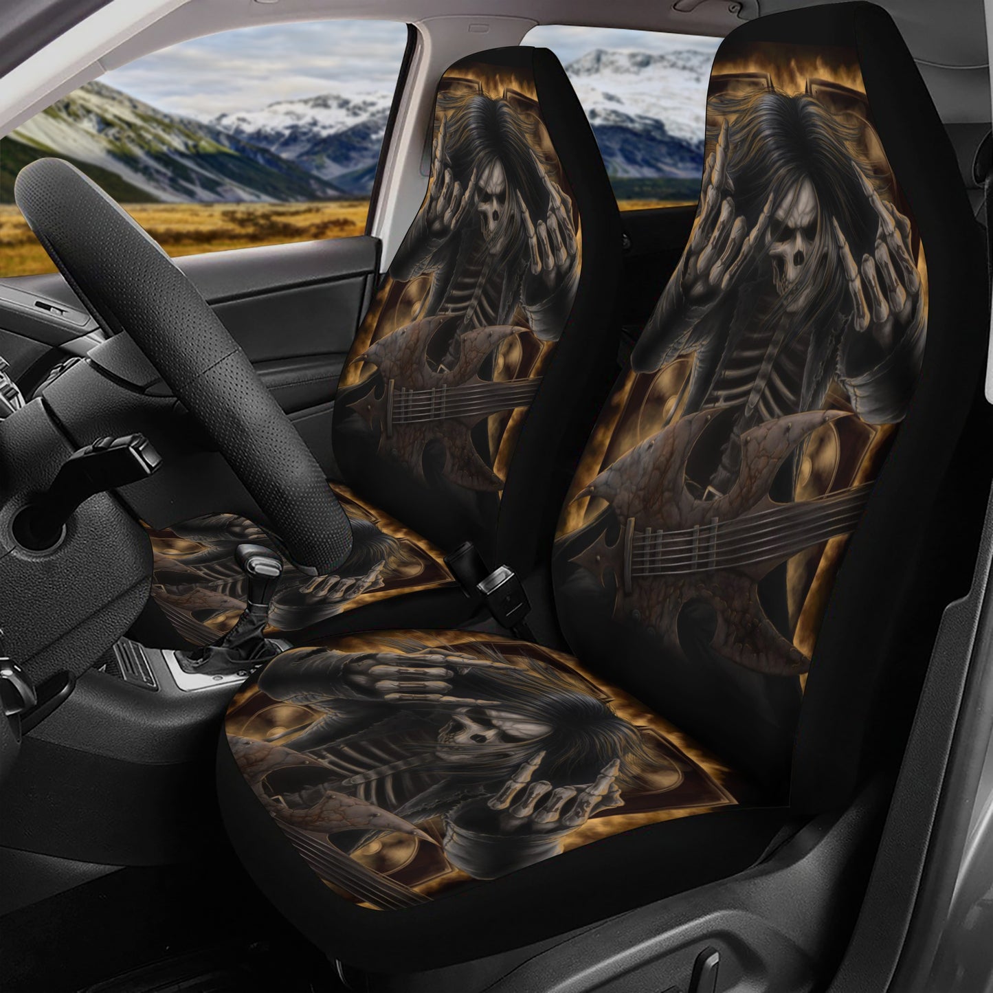 Floral skull rug for car, flaming skull slip-on seat covers, gothic skull mat for vehicles, gothic skull car seat protector cover, skeleton