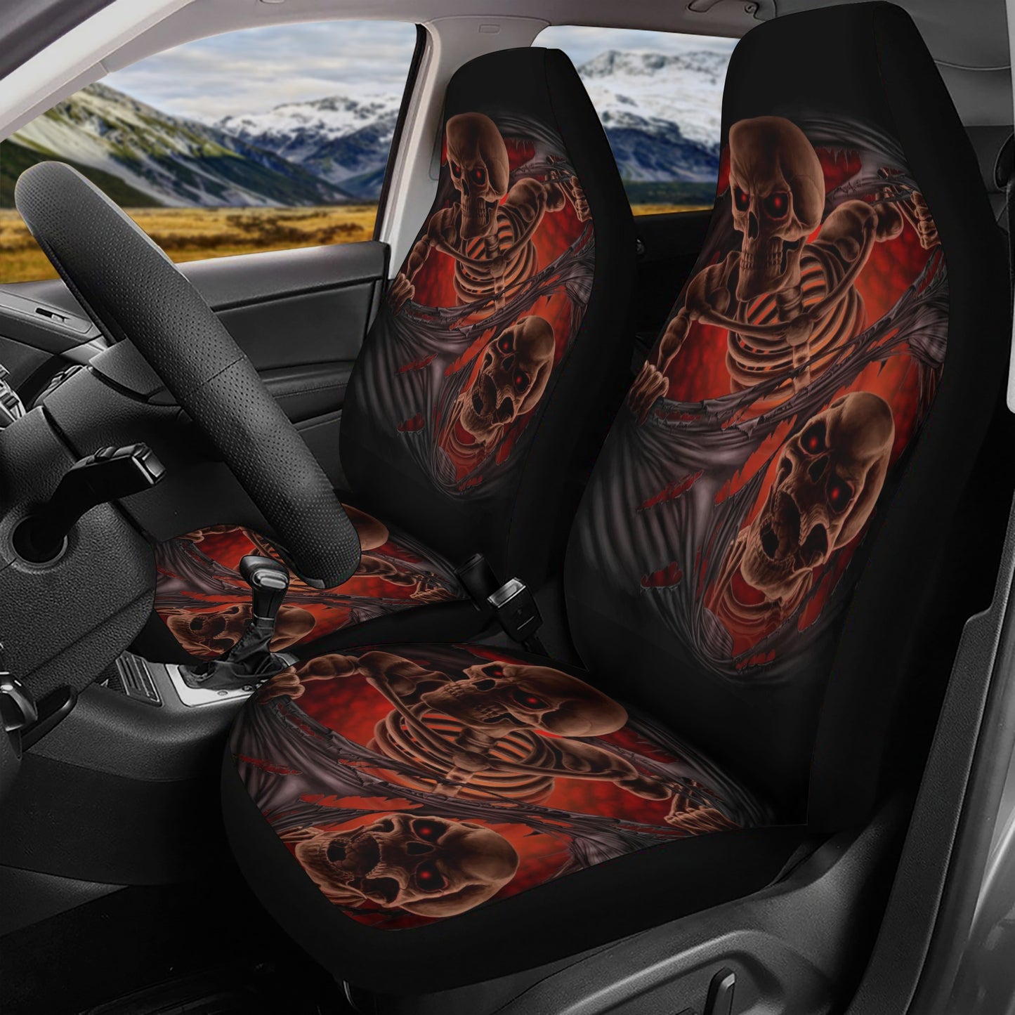 Floral skull car seat cover full set, grim reaper truck seat cover, floral skull slip-on seat covers, skeleton cover cushion accessories for