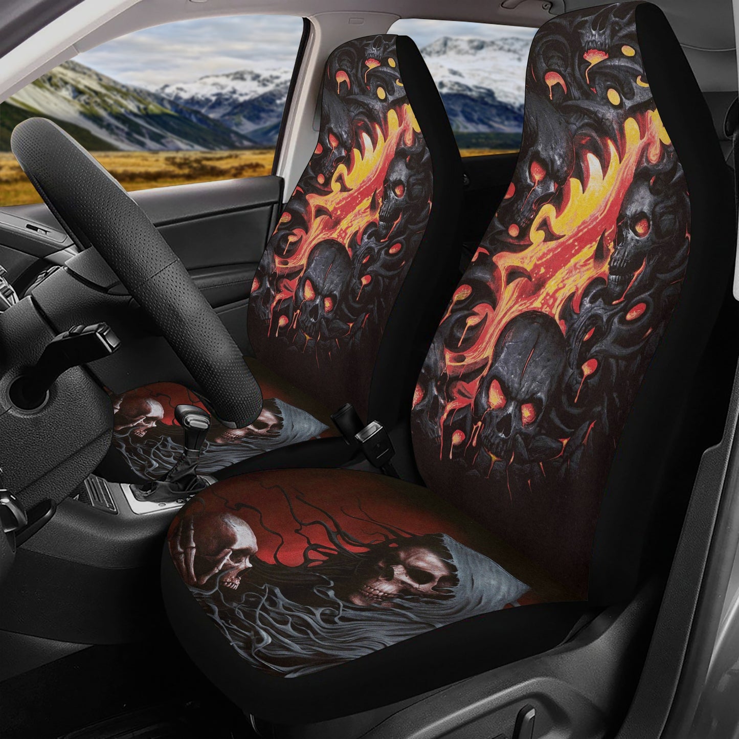 Halloween car protector, biker skull car seat protector cover, flaming skull car rug, punisher skull car rug, grim reaper mat for vehicles,