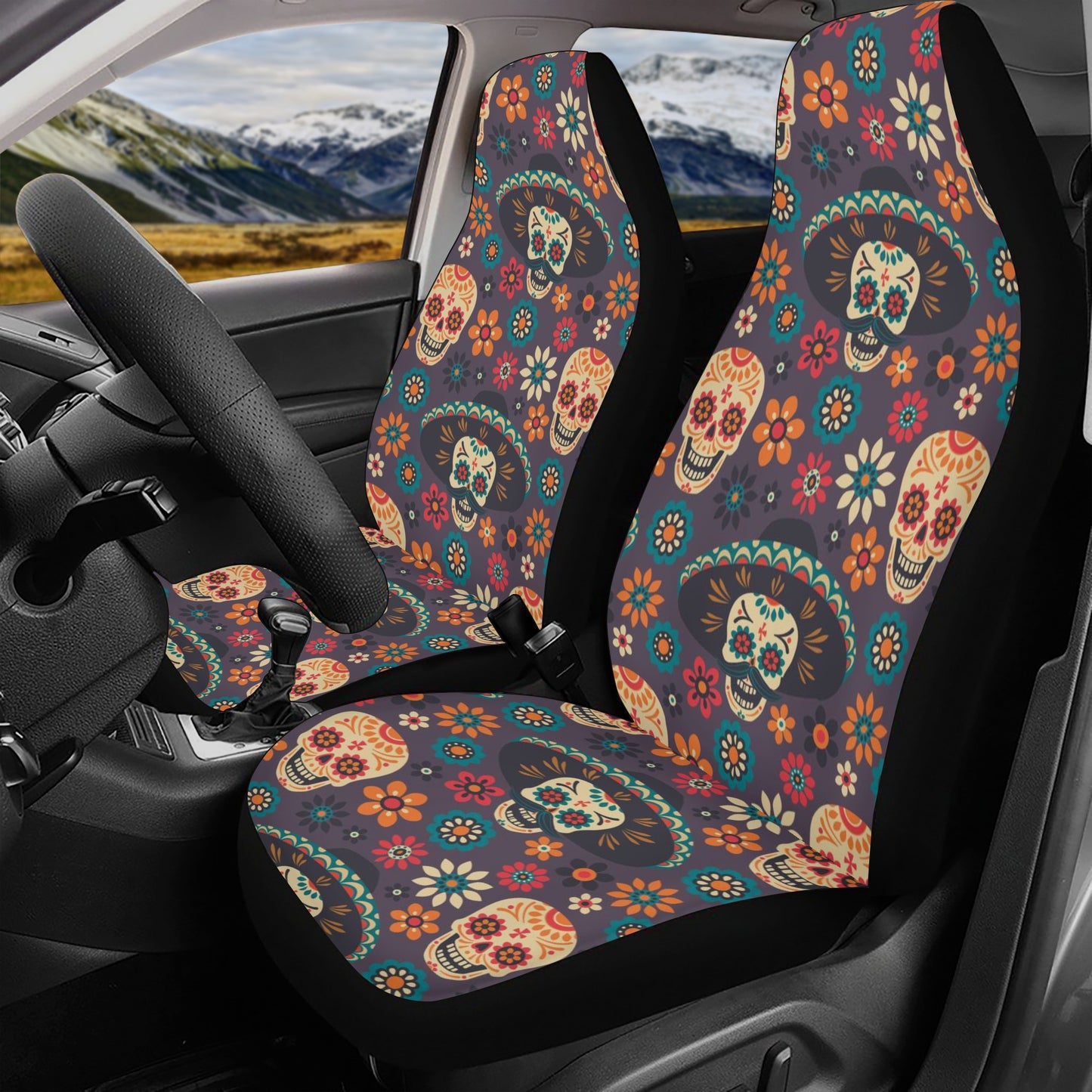 Sugar skull car accessories, sugar skull girl car rug, calaveras skull rug mat for car, cinco de mayo skull car accessories, dia de los muer Car Seat Cover Set
