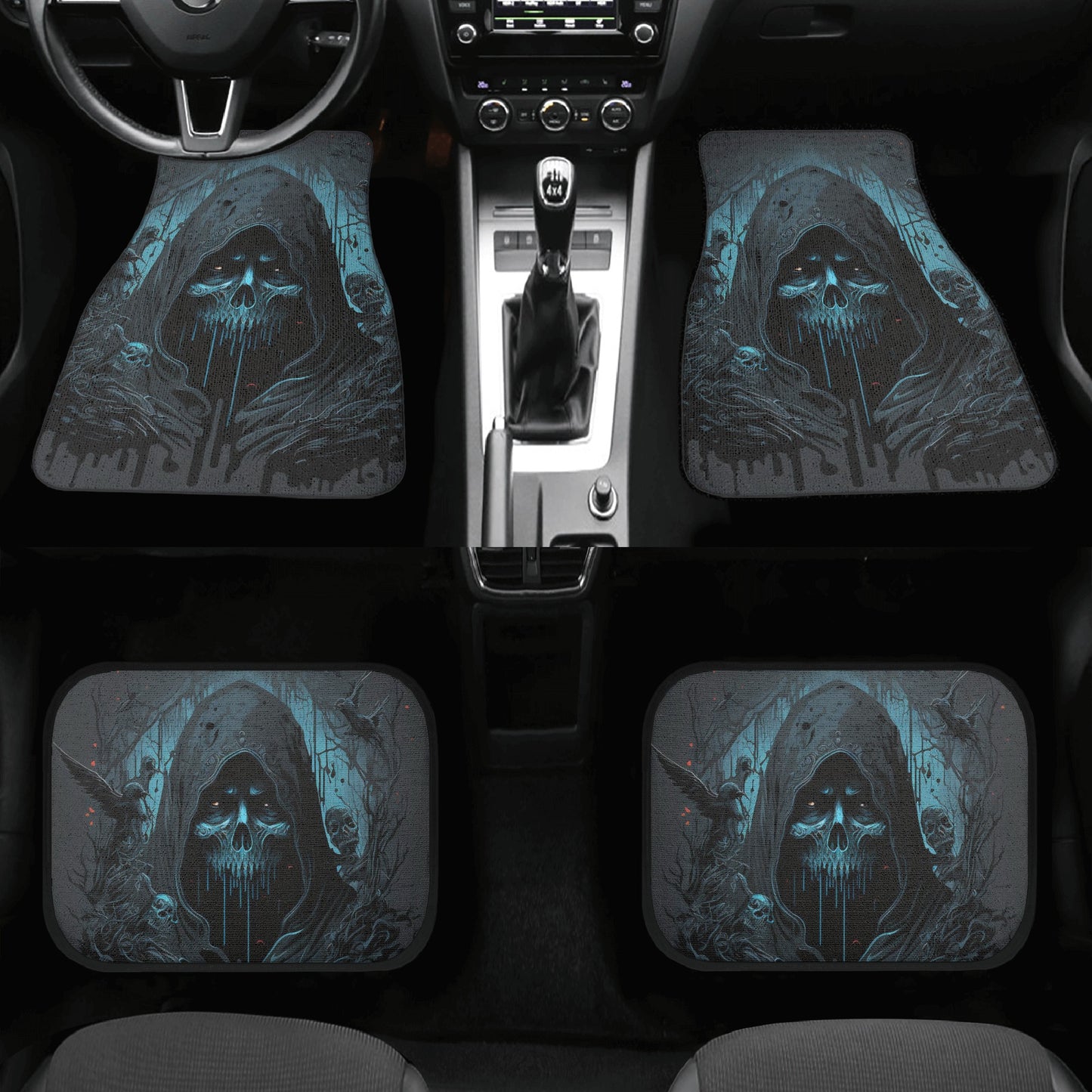 Flaming skull slip-on seat covers, flower skull truck seat cover, punisher skull car seat , skull in fire car floor mat, skull in fire front Back and Front Car Floor Mats