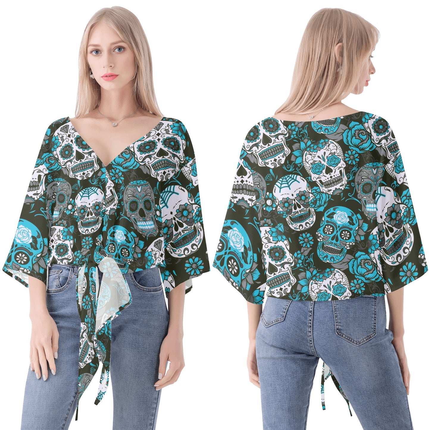 Sugar skull Women V-neck Streamers Blouse