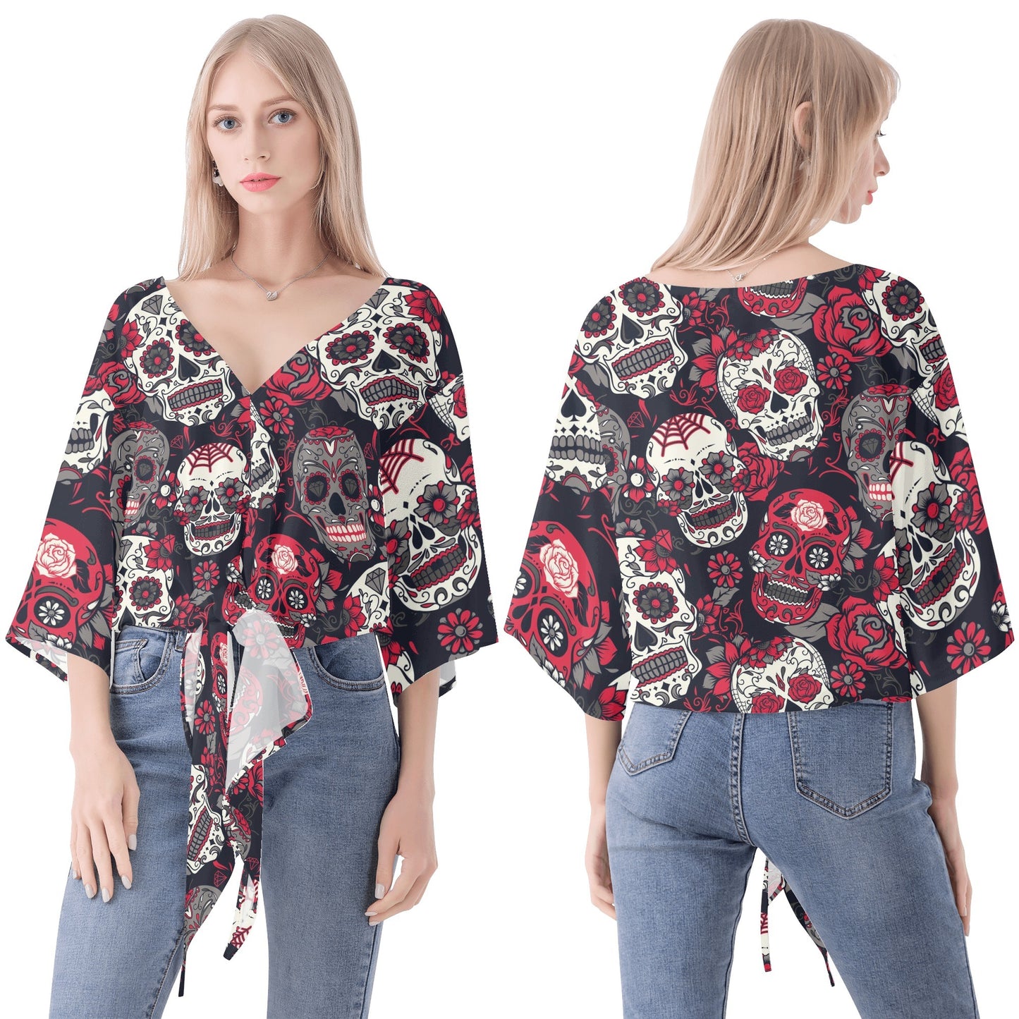 Sugar skull Women V-neck Streamers Blouse