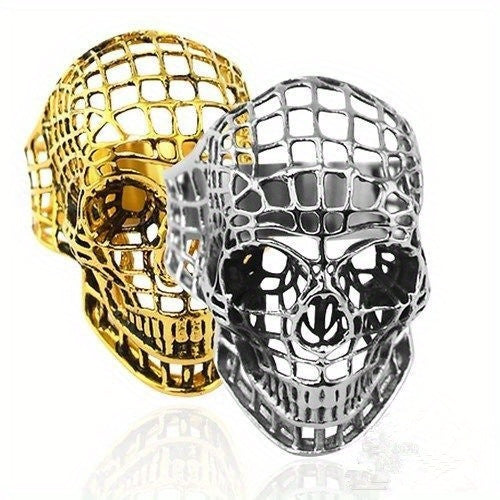 Fashion Men's Ring Exaggerated Personalized Hollow Grid Skull Finger Ring Dark Gothic