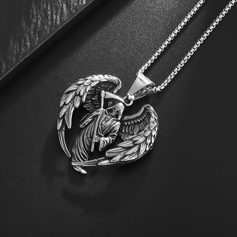 Men's 316L Stainless Steel Hell Reaper Skull Wing Pendant Necklace - Hip Hop Punk Style, White Golden Plated, Durable Chain Included, Punk Rock Accessory|Bold Fashion Piece|Durable Jewelry