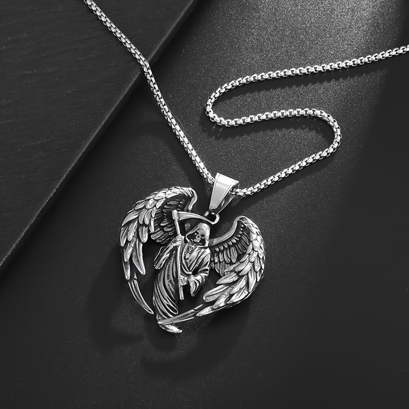 Men's 316L Stainless Steel Hell Reaper Skull Wing Pendant Necklace - Hip Hop Punk Style, White Golden Plated, Durable Chain Included, Punk Rock Accessory|Bold Fashion Piece|Durable Jewelry