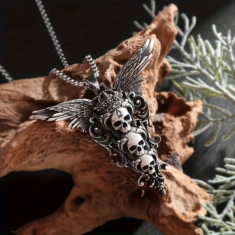 Retro Gothic Style Skull Wings Pendant Necklace, Stylish Dark Style Halloween Decorations, Men'S Motorcycle Accessories Party Jewelry Gifts