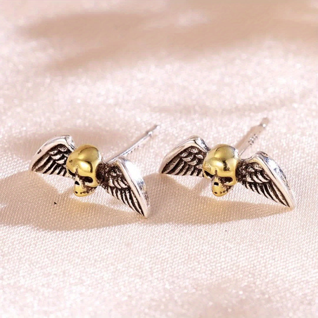 2pc925 Pure Silvery, Silvery Weight About 1g, Skull Wings Earrings, Retro Gothic Punk Style Halloween Party Earrings, Exquisite Holiday Gift