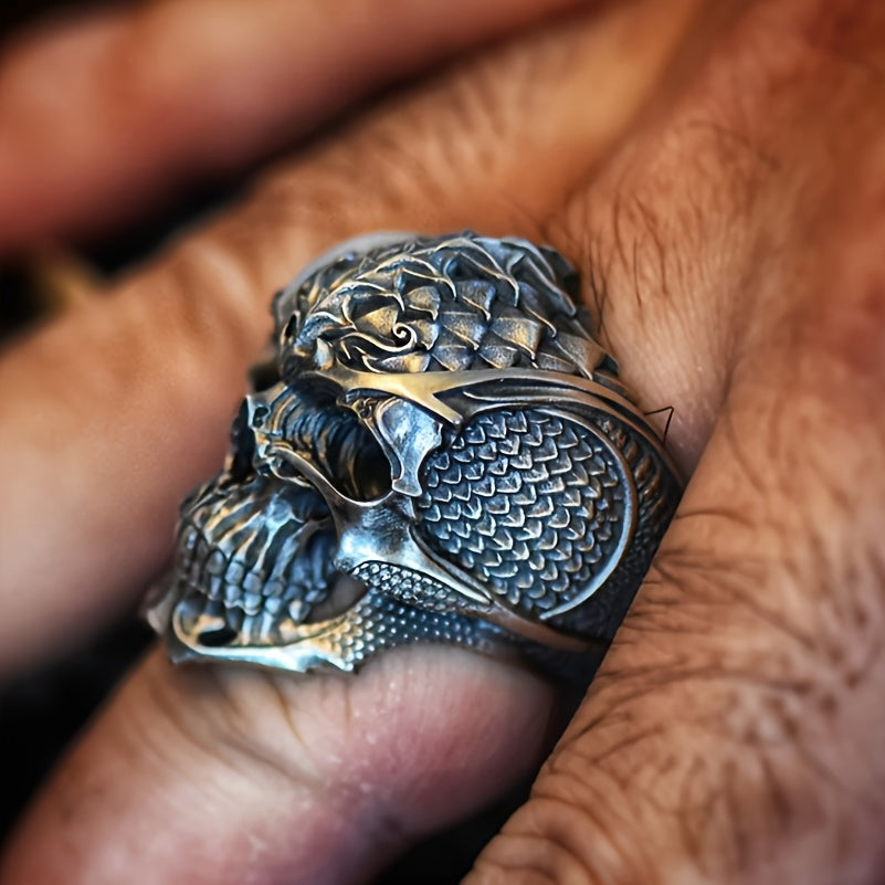 Stylish Men's Alloy Ring with Dragon Scale & Half Skull Design - Fashionable Single Piece