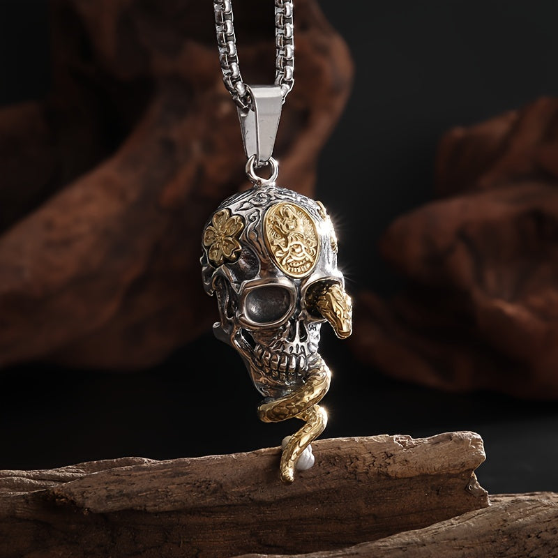 Unique Gothic Snake Wrapped Skull Pendant Necklace - Trendy Street Style Unisex Accessory - The Perfect Everyday Accessory Gift