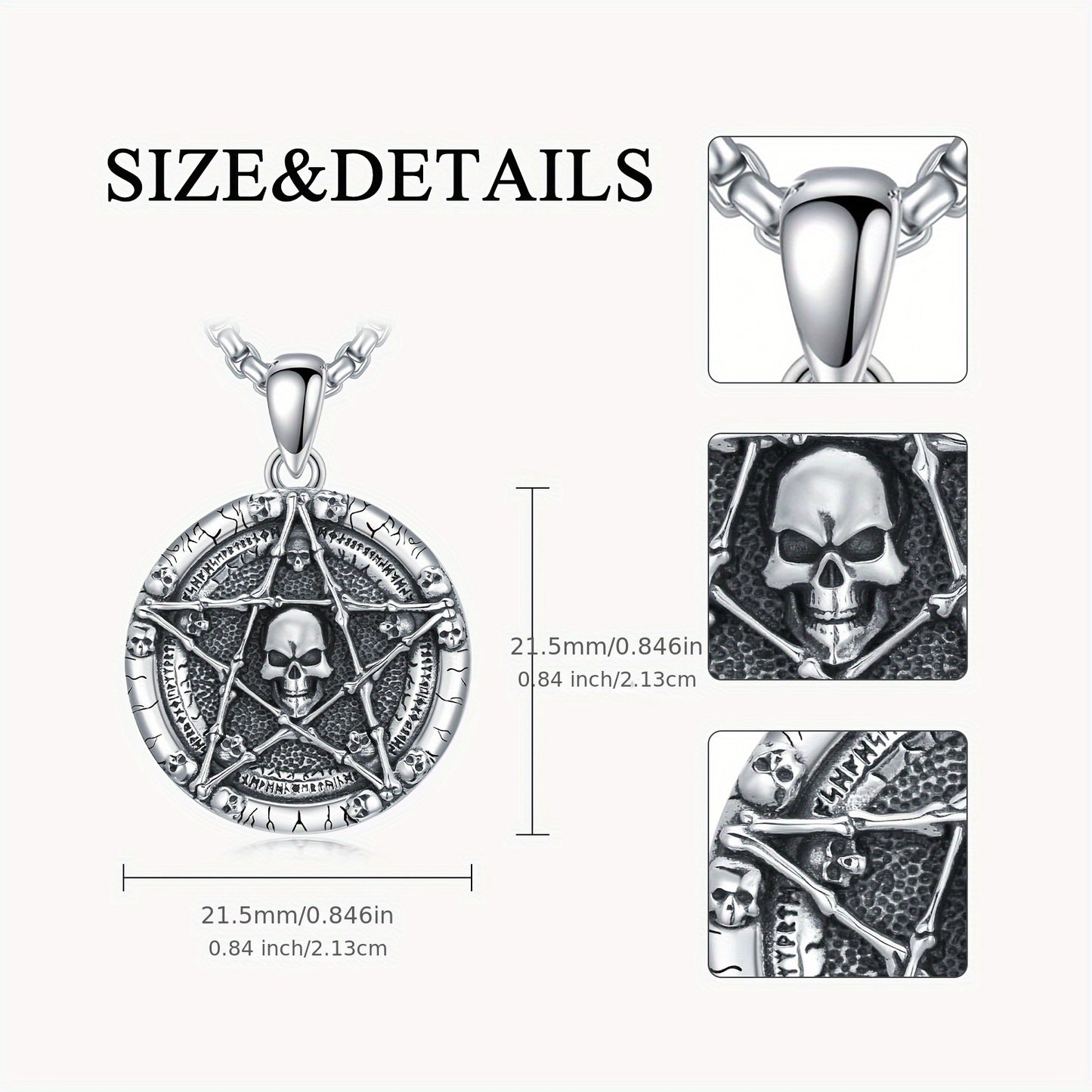 Pentagram Skull Necklace 925 Sterling Silvery Skull Bone Pendant Gothic Skull Jewelry For Men Women