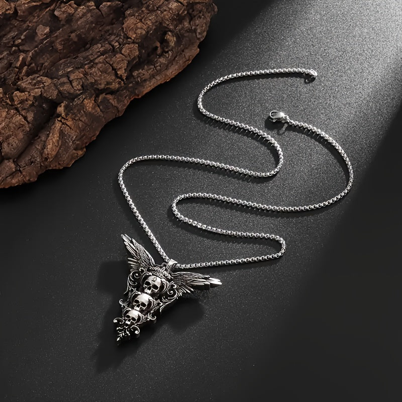 Retro Gothic Style Skull Wings Pendant Necklace, Stylish Dark Style Halloween Decorations, Men'S Motorcycle Accessories Party Jewelry Gifts