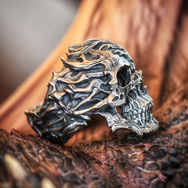 1pc Boho Style Men's Alloy Skull Ring with Synthetic Zirconia, Single Band Statement Jewelry