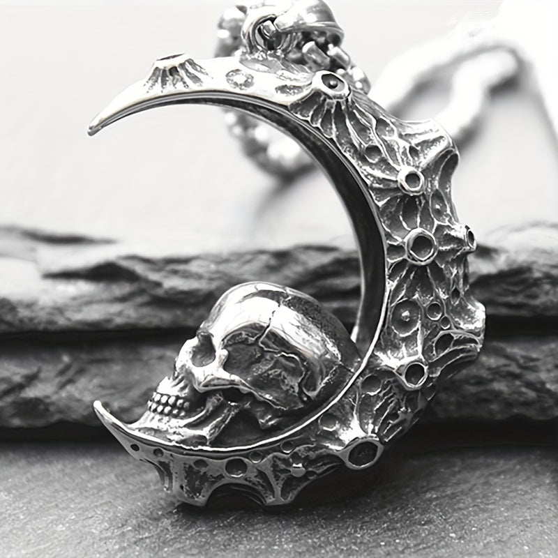 1pc Men's Dark Moon Tooth Skull Necklace, Men's Trendy Punk Titanium Steel Motorcycle Hip Hop Pendant Men's Sweater Chain