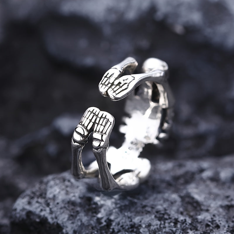 Adjustable Skull Ring, Open Band Design, Punk Biker Cocktail Gothic Fashion Jewelry, Skeleton Frame, Unisex Accessory