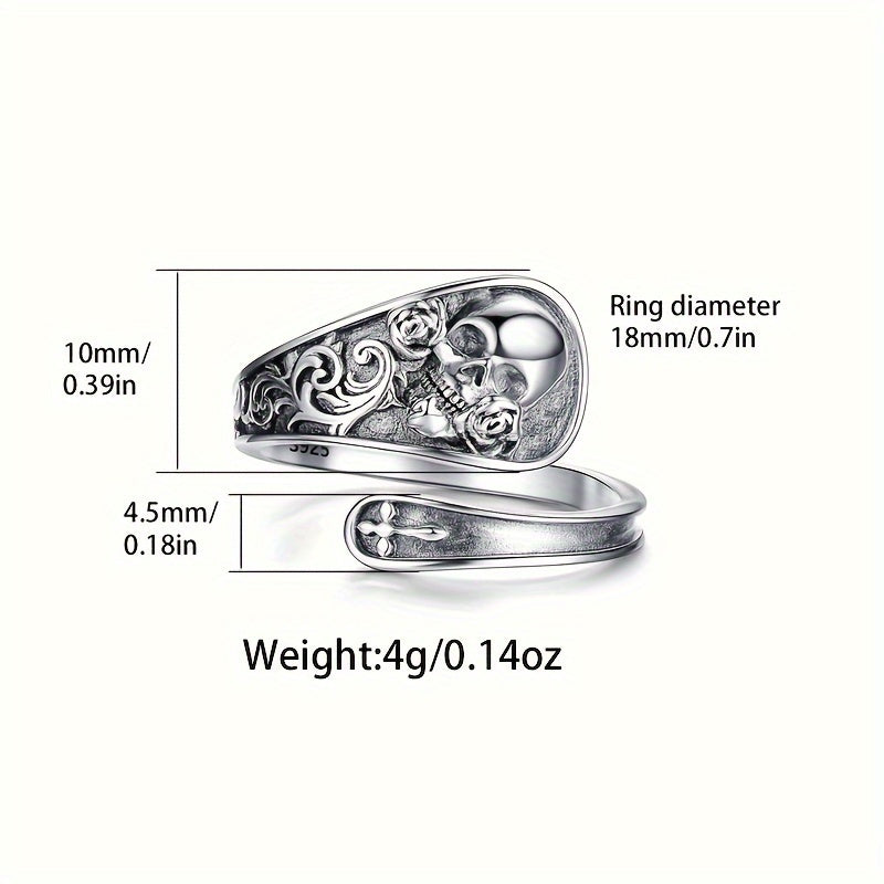 925 Sterling Silver Spoon Ring - Gothic Skull Rose Flower Pattern, Adjustable, Durable, and Comfortable Finger Ring
