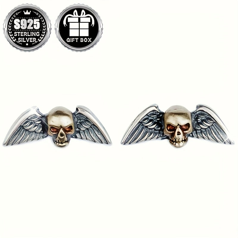 2pc925 Pure Silvery, Silvery Weight About 1g, Skull Wings Earrings, Retro Gothic Punk Style Halloween Party Earrings, Exquisite Holiday Gift