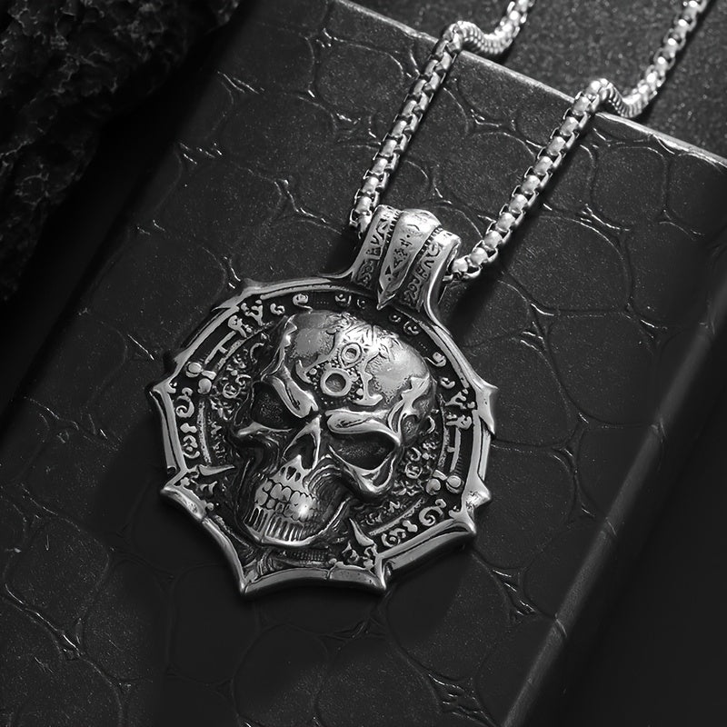 Funky Gothic Skull Pendant Necklace - 316L Stainless Steel, Plated White K, Non-Magnetic No Mosaic Jewelry for Men