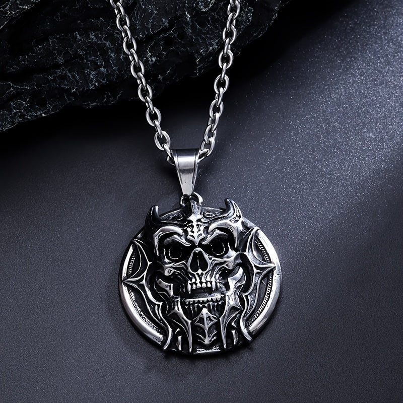 83.48gal Titanium Steel Tyrant Skull Pendant Necklace for Men - Punk Rock Gothic Hip Hop Motorcycle Jewelry with Intricate Bone & Metallic Detailing, Durable Edgy Gift for Halloween, Day of the Dead, Thanksgiving, Halloween N