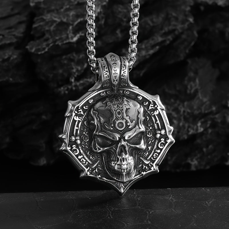 Funky Gothic Skull Pendant Necklace - 316L Stainless Steel, Plated White K, Non-Magnetic No Mosaic Jewelry for Men