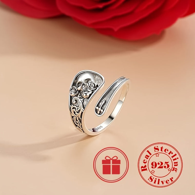 925 Sterling Silver Spoon Ring - Gothic Skull Rose Flower Pattern, Adjustable, Durable, and Comfortable Finger Ring