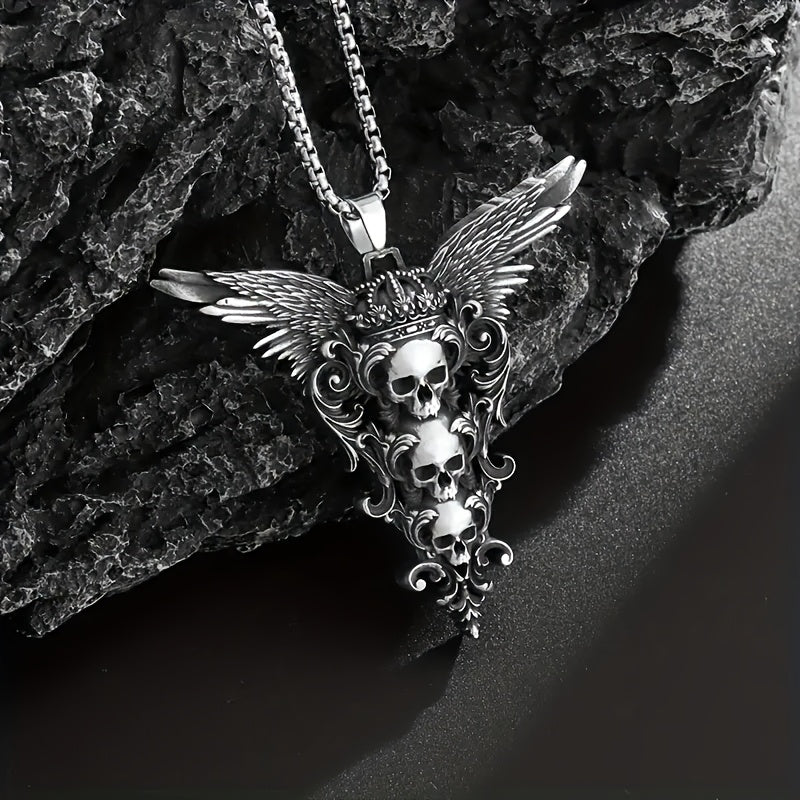 Retro Gothic Style Skull Wings Pendant Necklace, Stylish Dark Style Halloween Decorations, Men'S Motorcycle Accessories Party Jewelry Gifts