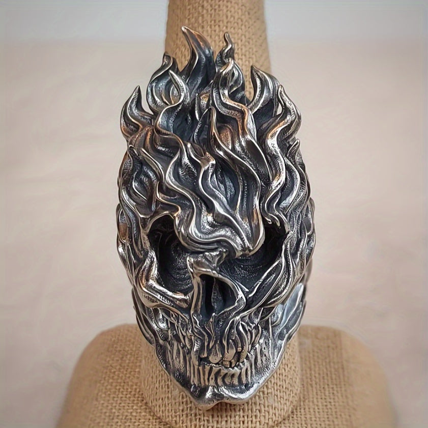 Gothic Flame Skull Ring, Flame Biker Punk Gothic Demon Charm Ring for Men