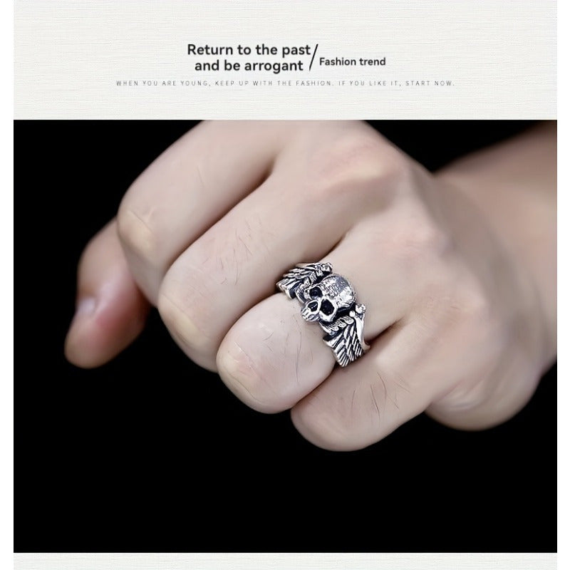 925 Sterling Silver Men's Gothic Skull Ring, Adjustable Open Band, Hip-Hop Punk Style, Unique Devil Angel Design