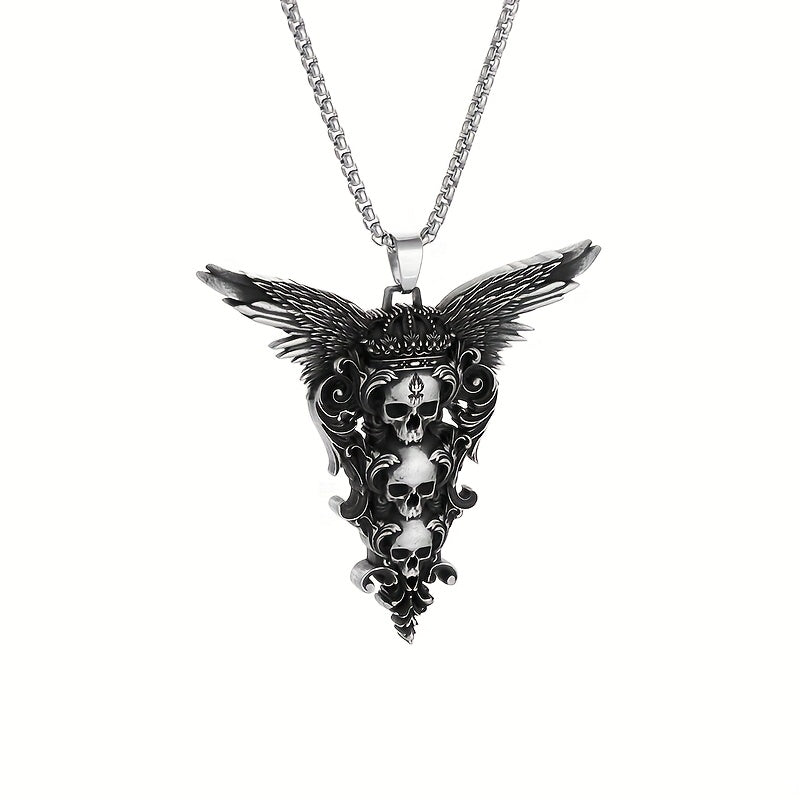 Retro Gothic Style Skull Wings Pendant Necklace, Stylish Dark Style Halloween Decorations, Men'S Motorcycle Accessories Party Jewelry Gifts